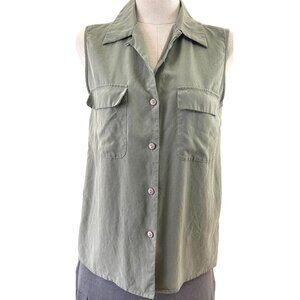 Vtg Anne Carson Olive Green 100% Silk Sleeveless Button Down Blouse Top Size Med